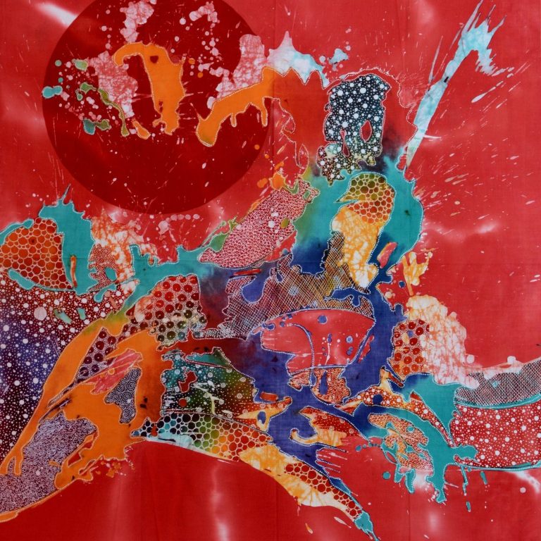 Künstlerisches abstraktes Batik Bild, handgefärbt mit geometrischen Flächen im Afrika Deko Shop kaufen Künstlerisches abstraktes Batik Bild, handgefärbt mit geometrischen Flächen im Afrika Deko Shop