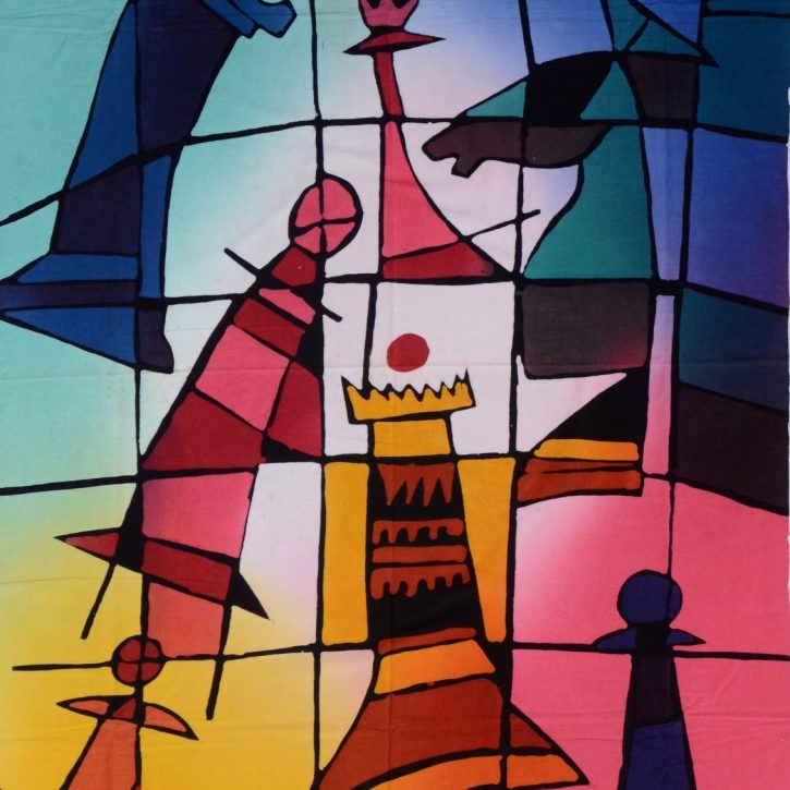 Künstlerisches abstraktes Batik Bild, handgefärbt mit Schachfiguren im Afrika Deko Shop München
