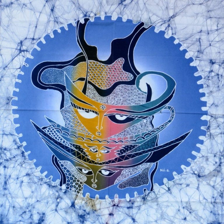 Batik Stoffbild mit bunten Masken Motiven, Wohn Accessoires im Afrika-Deko-Shop München
