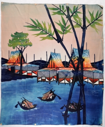 Batik Stoffbild Wandbild mit natürlichen Farben im Afrika-Deko-Shop kaufen Batik Stoffbild Landschaft im Afrika-Deko-Shop kaufen, Wandschmuck mit Flair